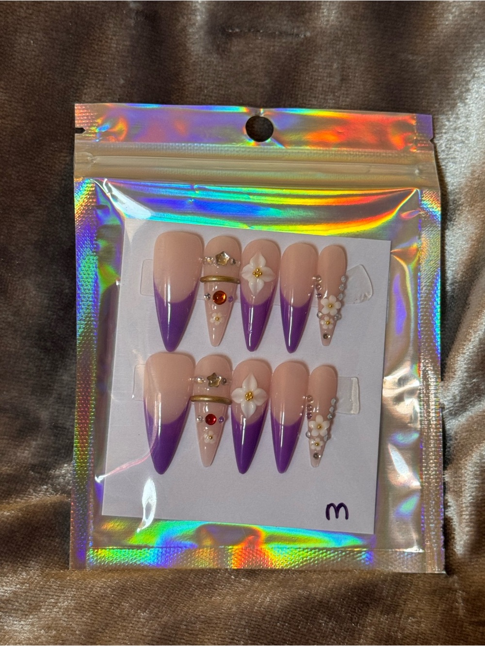 💅#534- Purple French Tip w/Bling & Floral Design Handmade Nails Medium 3.0